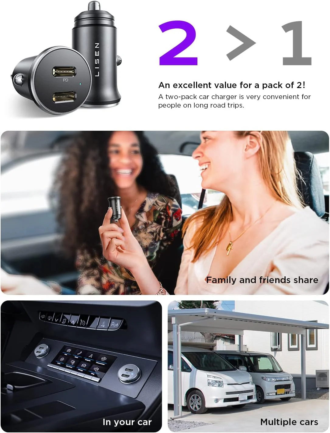 Lisen Dual USB C Car Charger 2-Pack - Image 7