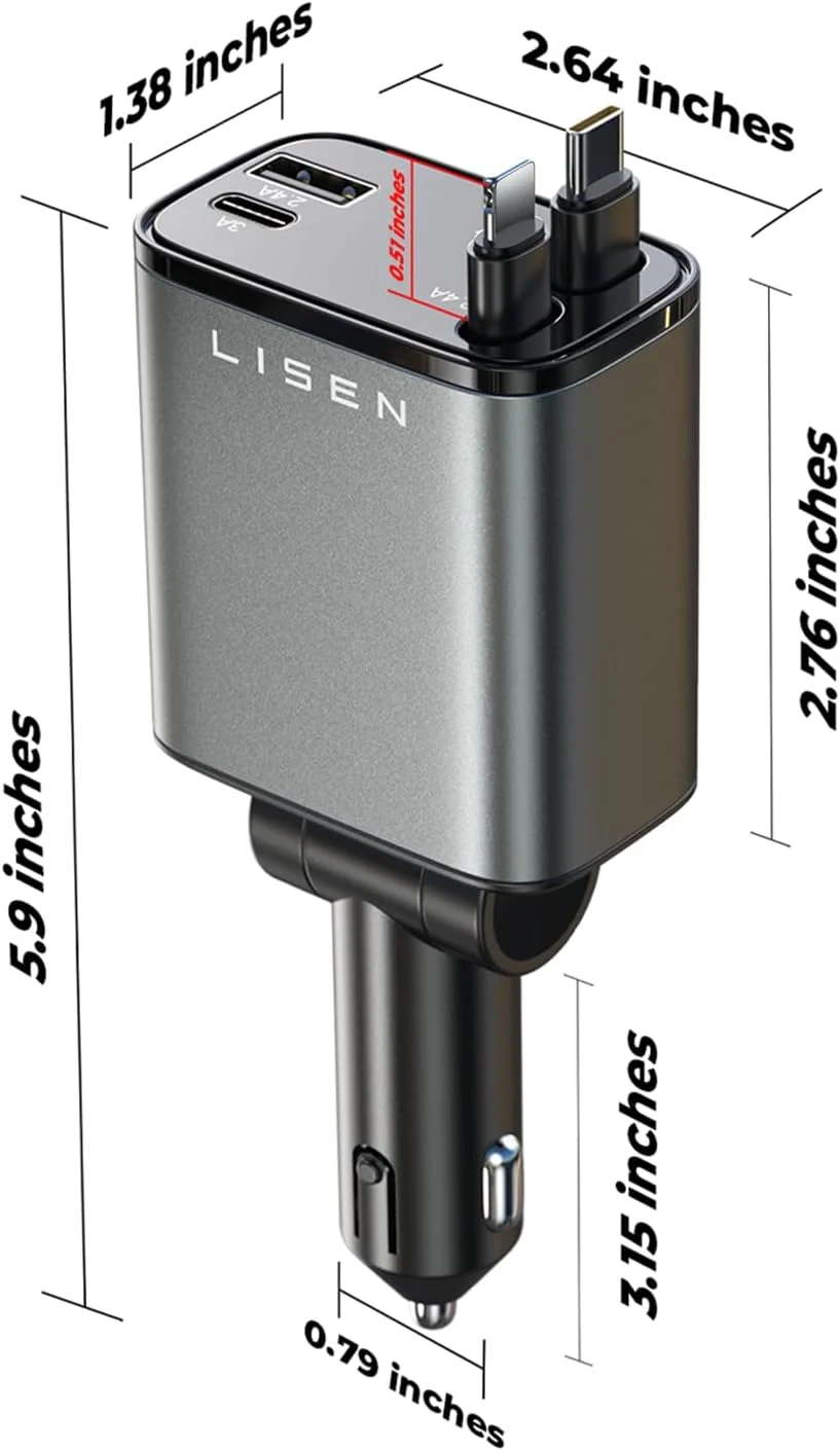 LISEN 4-in-1 69W Retractable Car Charger - Image 7