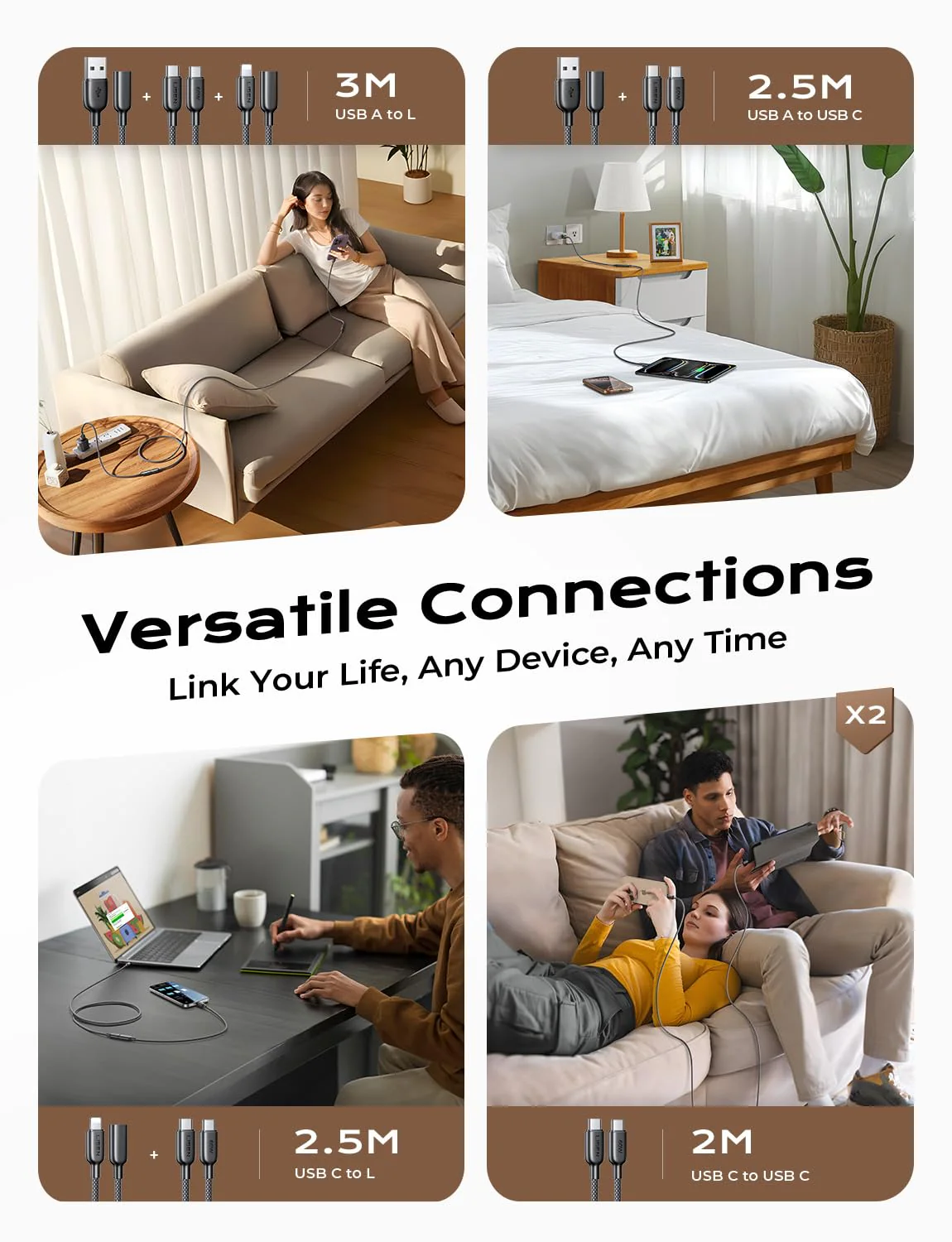 LISEN 4 in 1 Charging Cable, 4-Pack[1.65+1.65+6.6+6.6FT] - Image 8