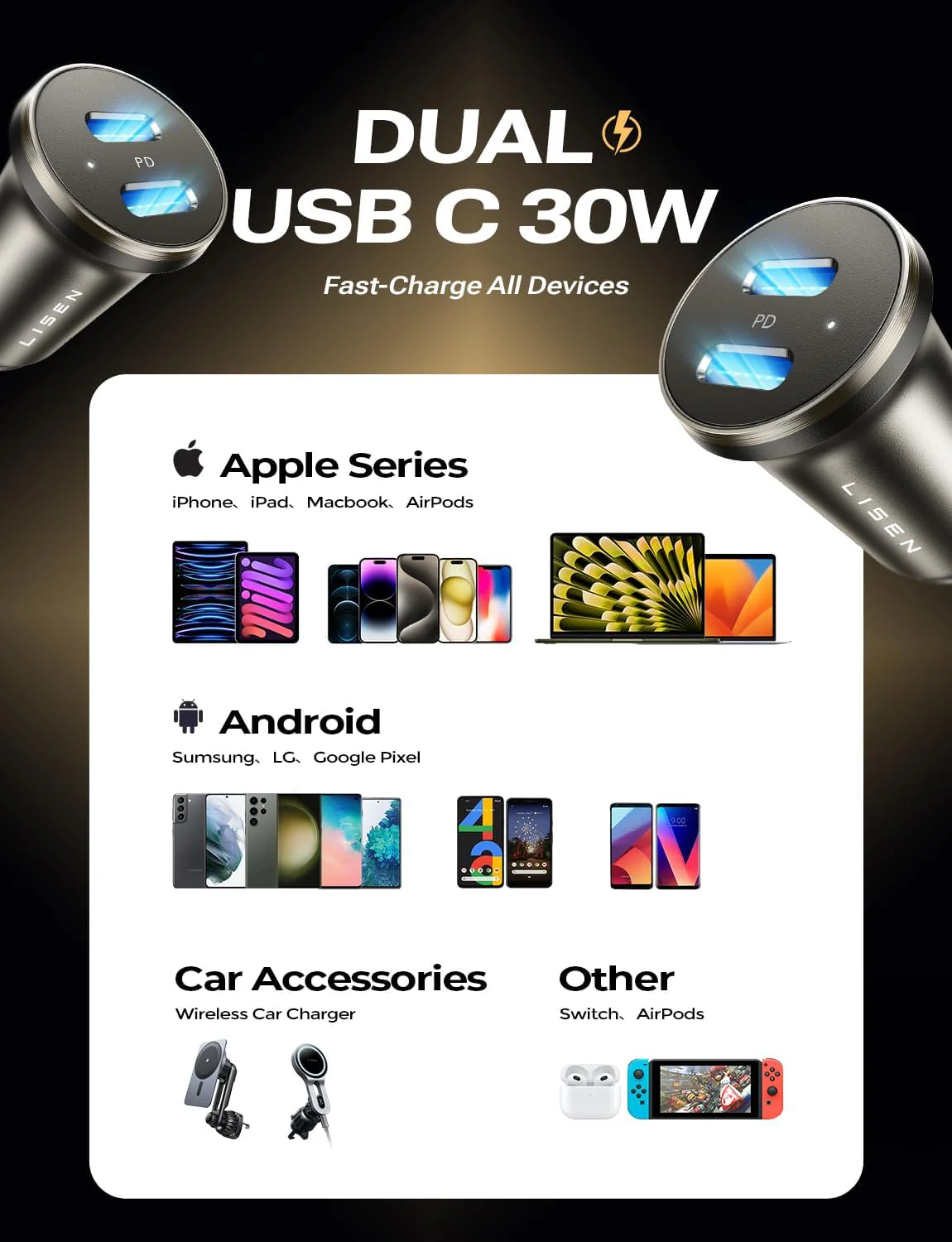 LISEN 60W Dual Port USB C Cigarette Lighter Car Charger - Image 5
