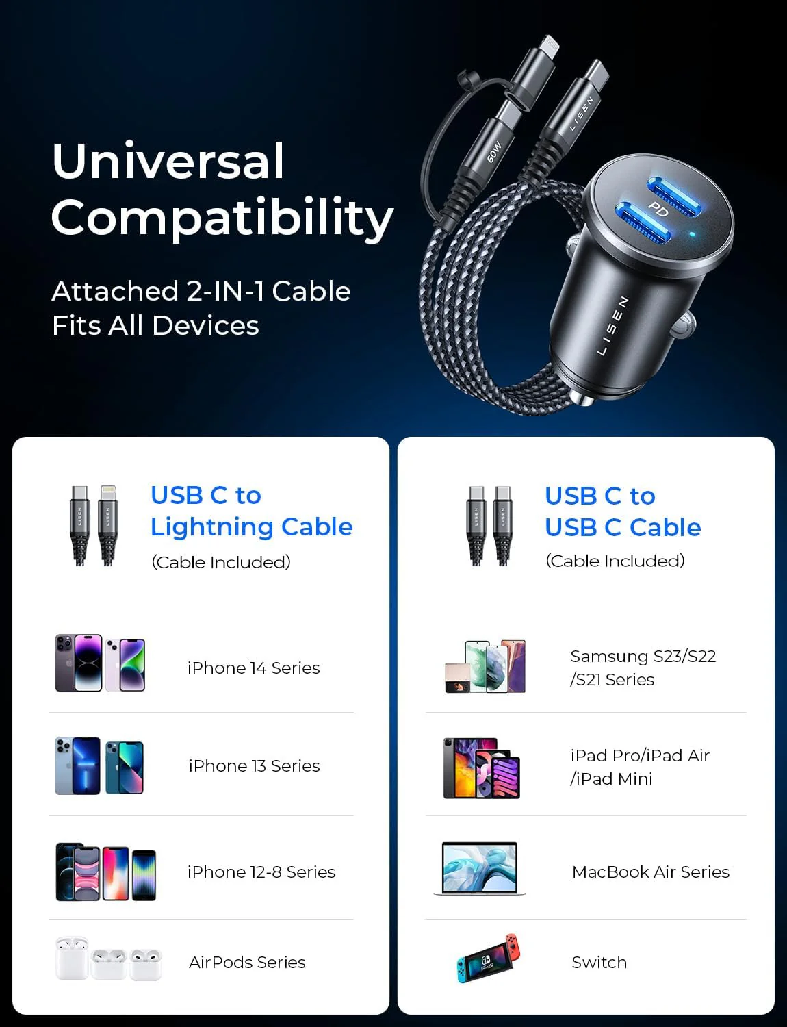 Lisen Dual USB C Car Charger with Cable - Image 4