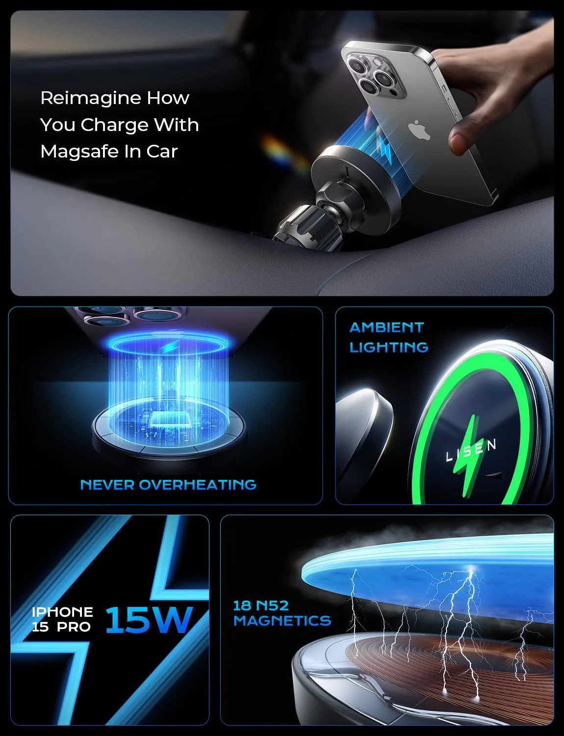 LISEN for Qi2 15W MagSafe Car Mount Charger - Image 4