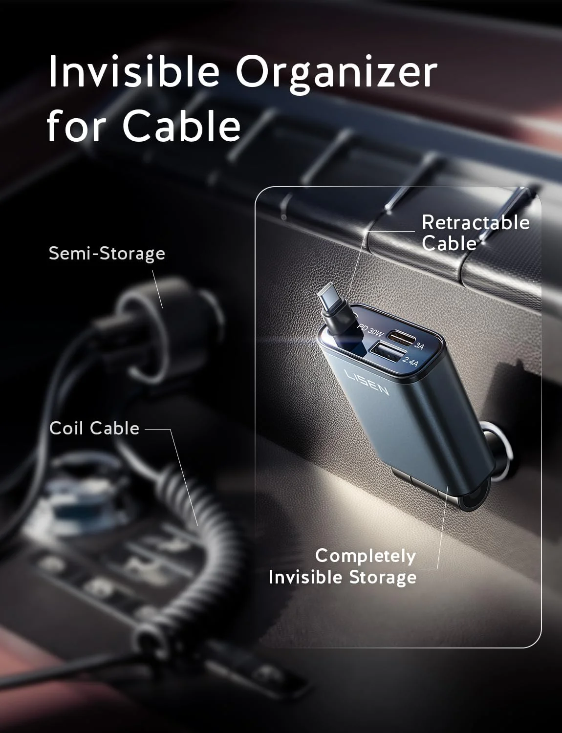 LISEN Retractable USB C Fast Car Charger - Image 3