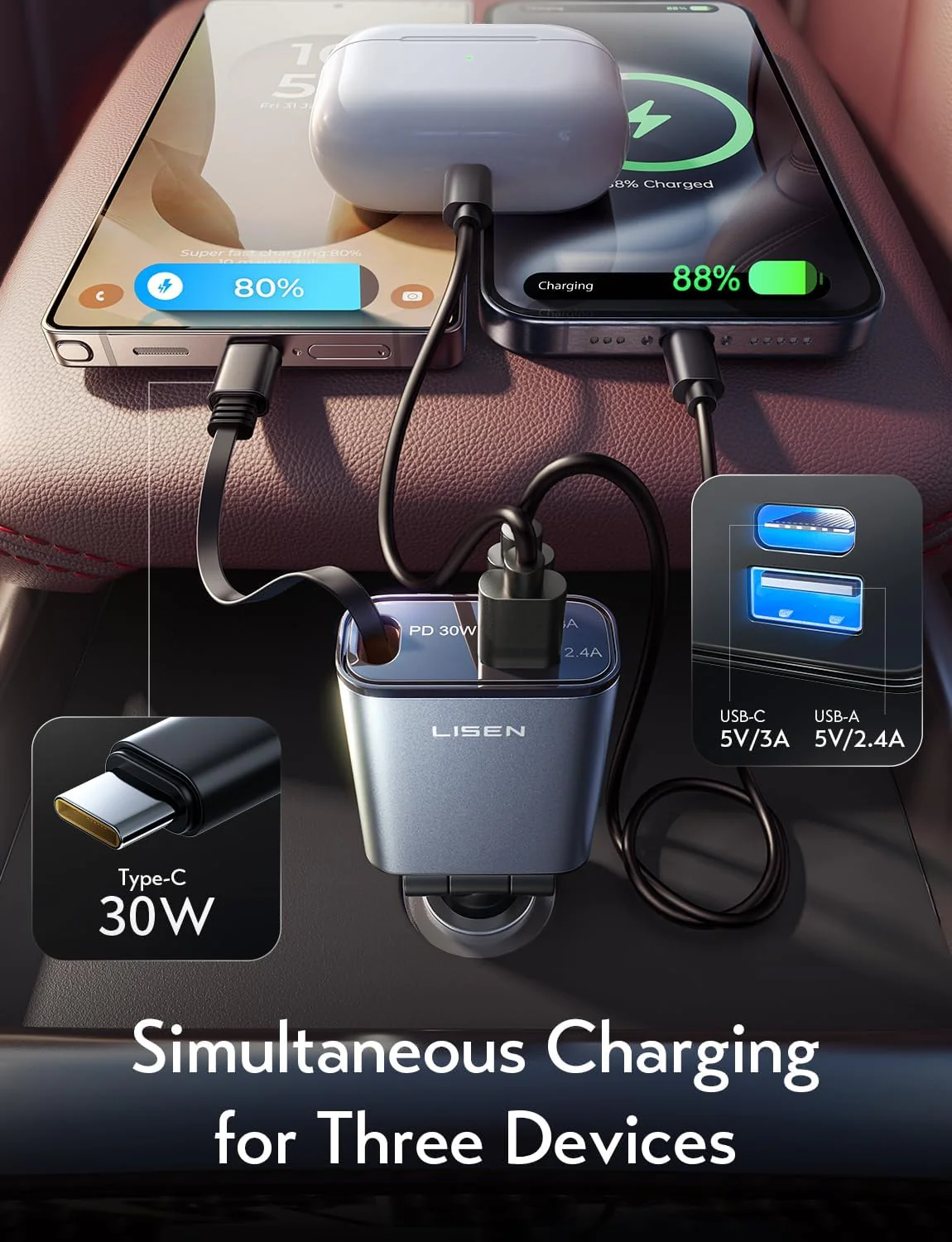 LISEN Retractable USB C Fast Car Charger - Image 5