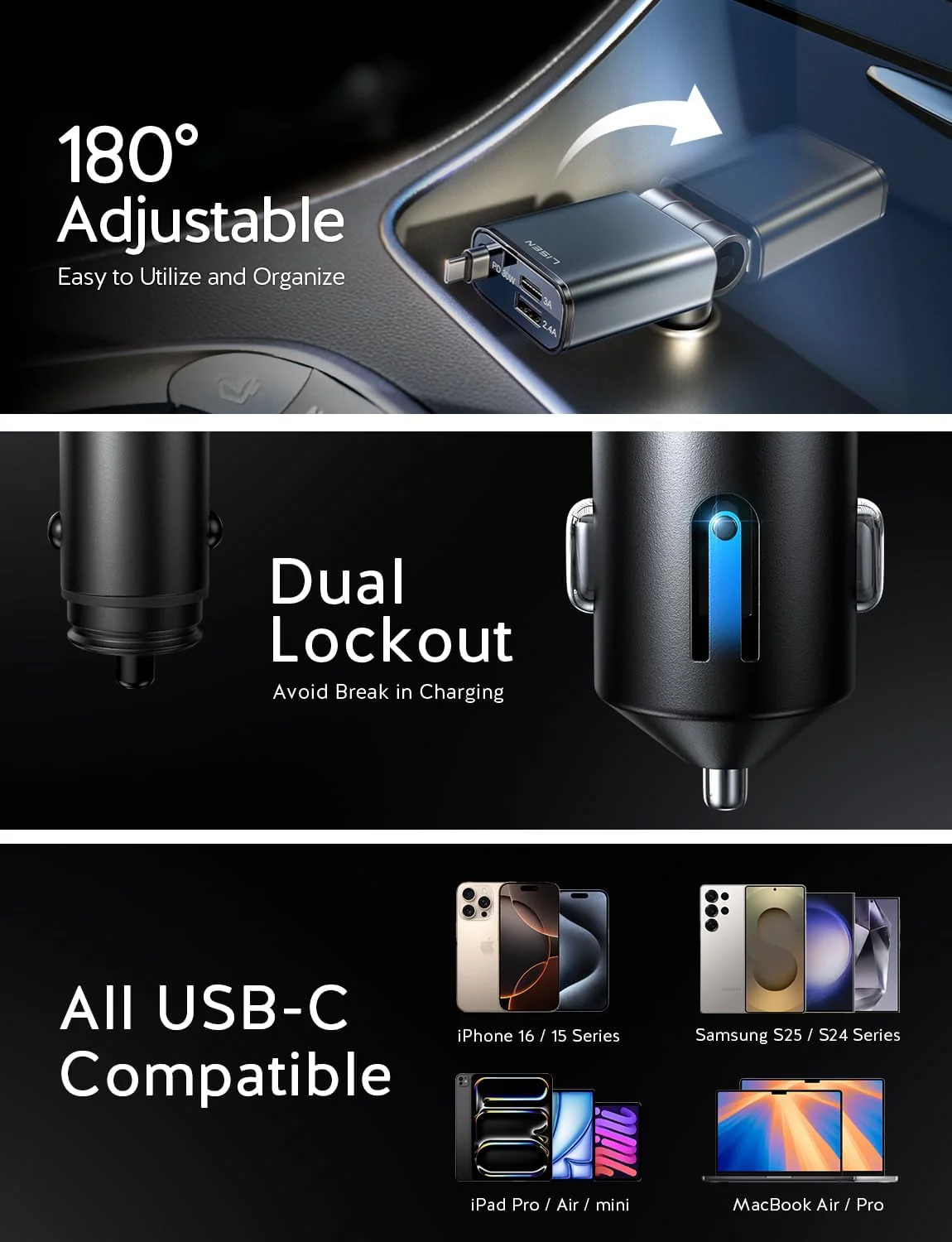 LISEN Retractable USB C Fast Car Charger - Image 6