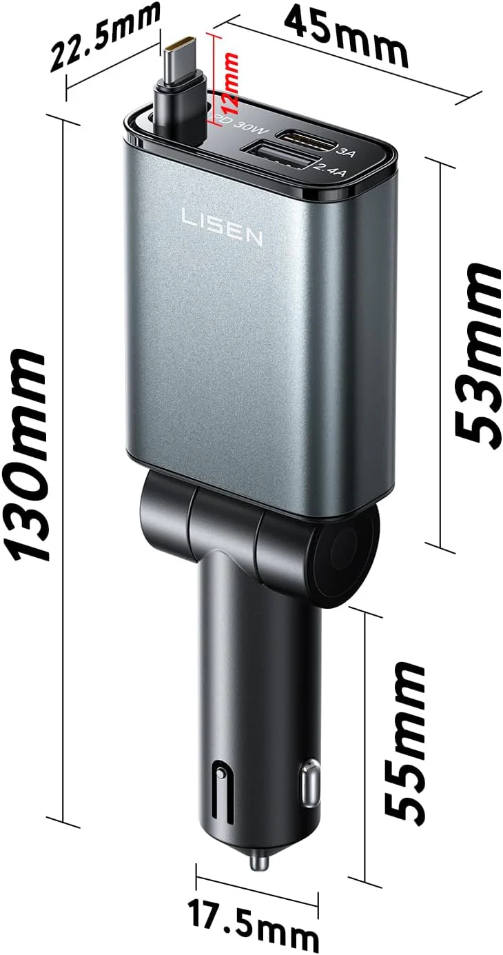 LISEN Retractable USB C Fast Car Charger - Image 7